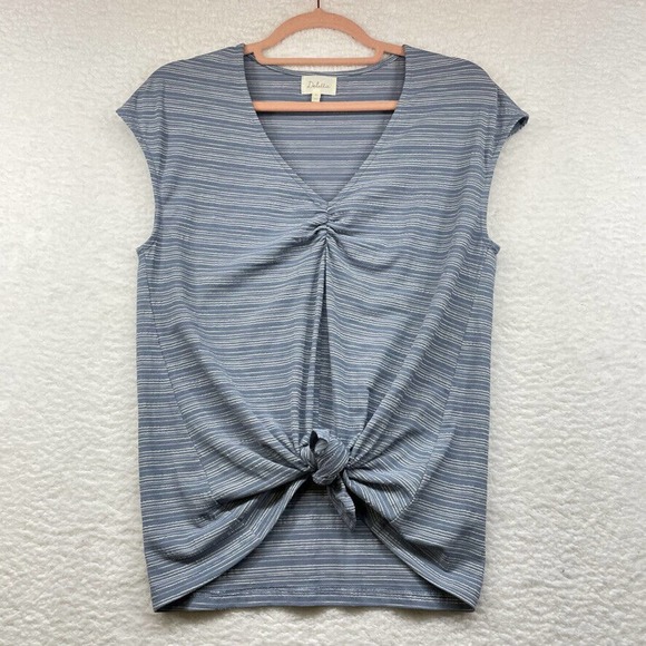 Deletta Womens Shirt Medium Blue White Striped V Neck Anthropologie Knot Stretch - Picture 1 of 10